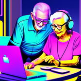 Two elderly people in front of a computer